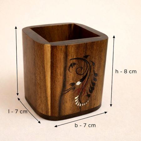 Handcrafted Wood Square Pen Pot with Floral Design